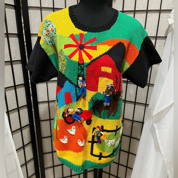 Raquel's Collection Black Knit Sweater FOLK ART. 3D FARM. VINTAGE SIZE L - Picture 1 of 11
